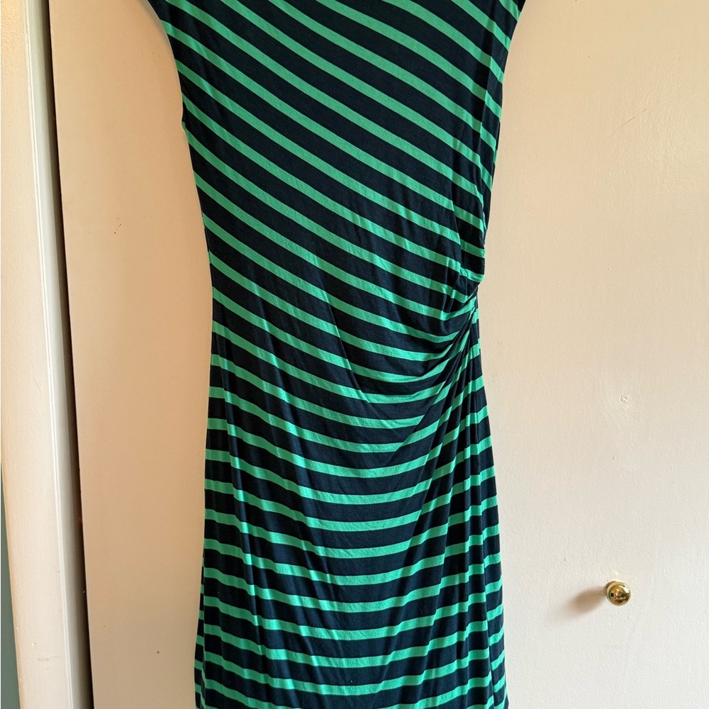 LOFT Blue and Green Ruched Sheath Midi Dress